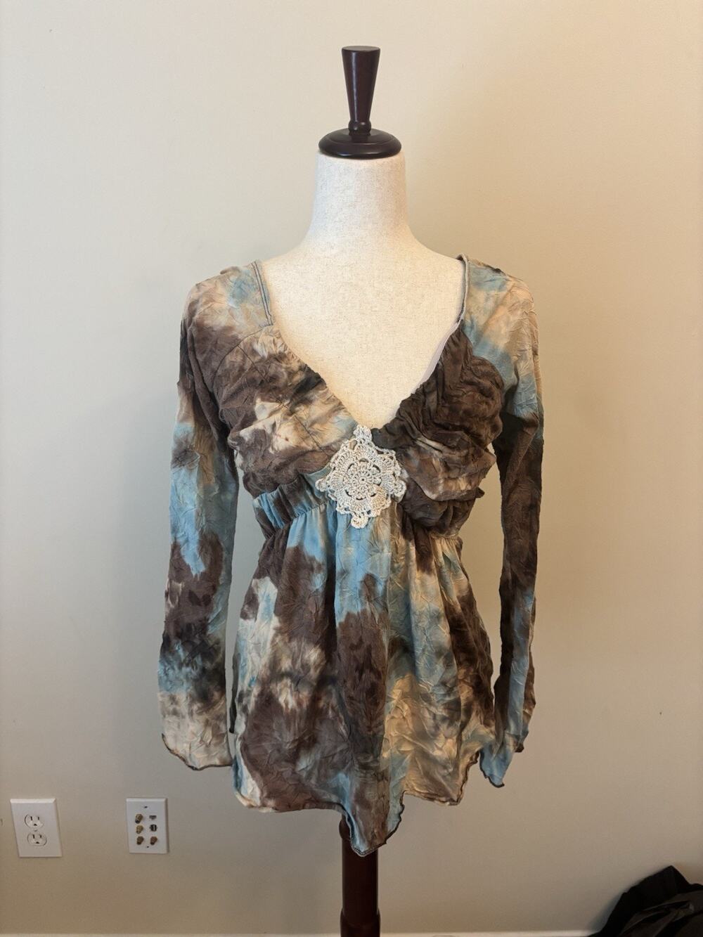 Daytrip Vintage Boho Blue Tunic Babydoll Top Y2K Bell-Sleeve Size M